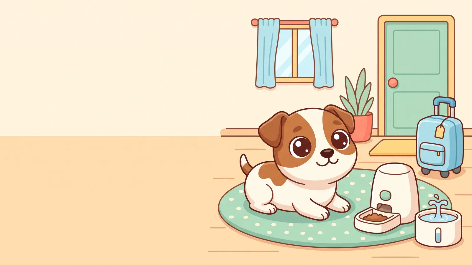 Illustration: a calm terrier resting on a rug next to an automatic feeder and a water fountain, with a suitcase by the door