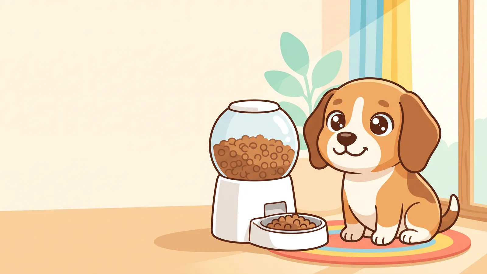 Illustration: a happy beagle sitting beside a white automatic pet feeder with a clear food hopper, waiting for breakfast