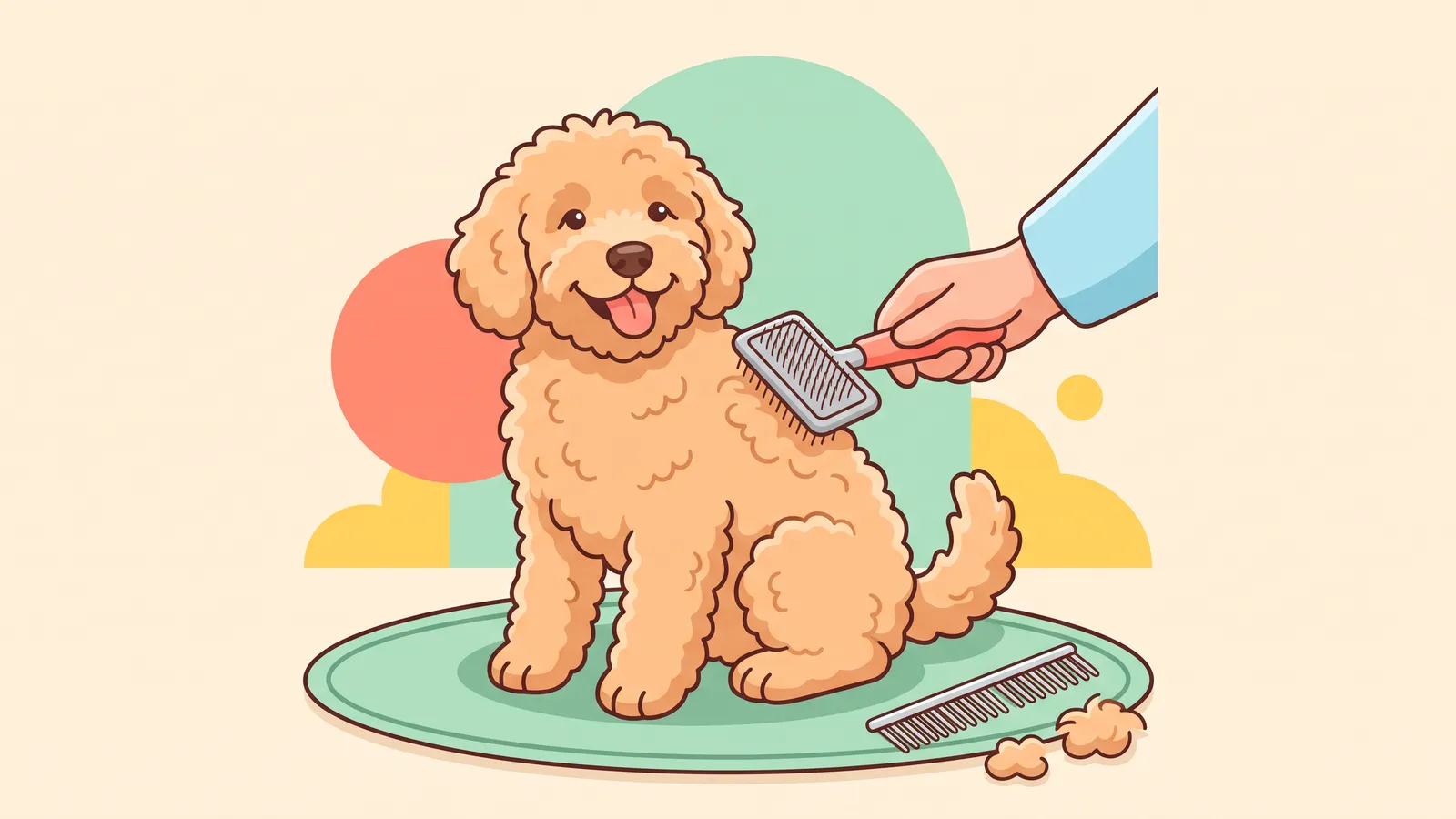 Illustration: a curly apricot goldendoodle sitting on a mat while a hand brushes its coat with a slicker brush