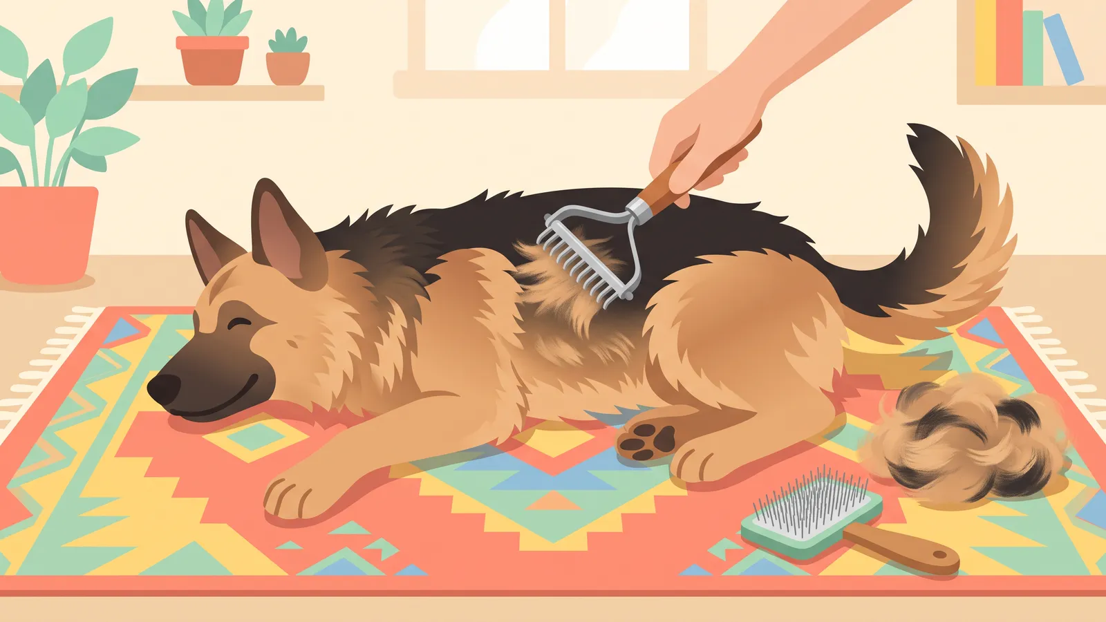 Illustration: a German shepherd lying on a patterned rug while a hand rakes out its loose undercoat