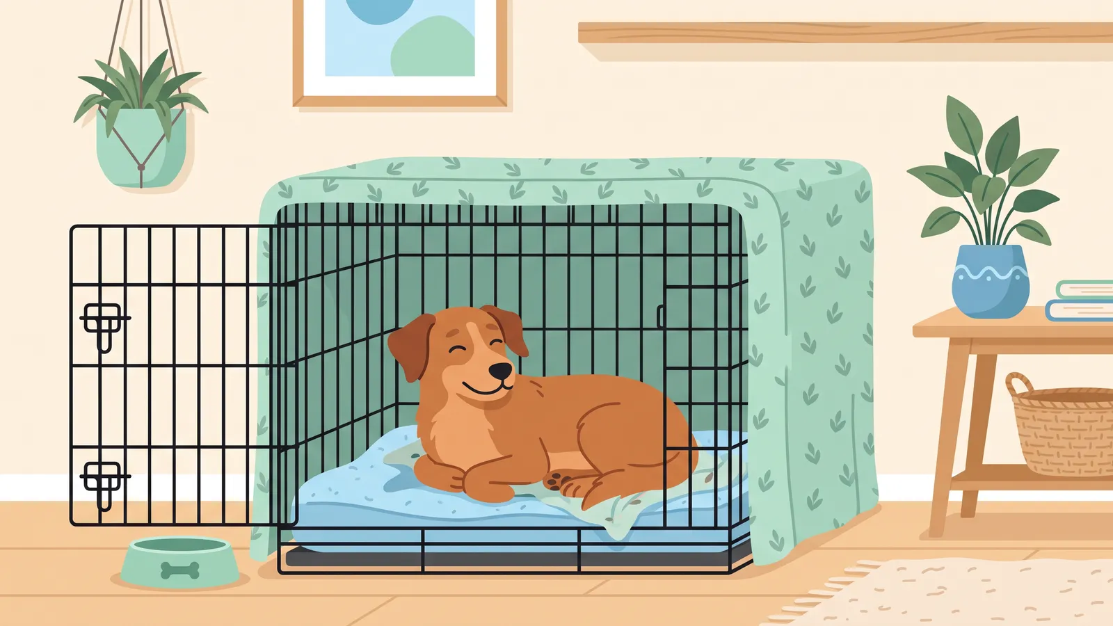 Calm dog resting inside a sturdy aluminum crate with the door open in a quiet living room