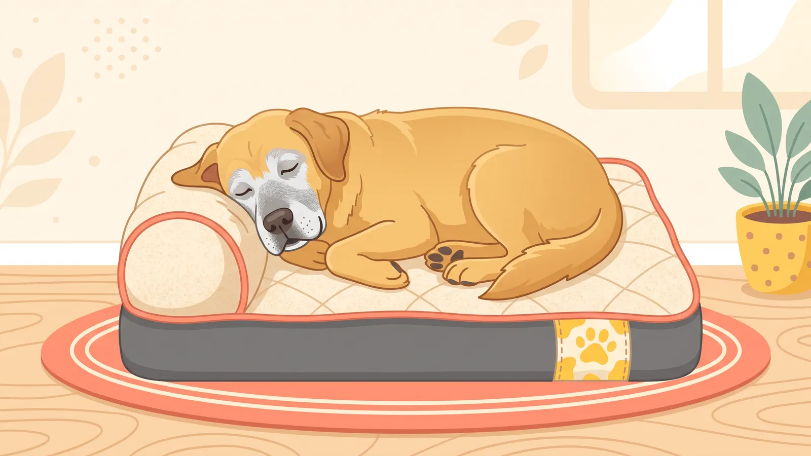 Gray-muzzled Labrador sleeping stretched out on a thick orthopedic foam dog bed
