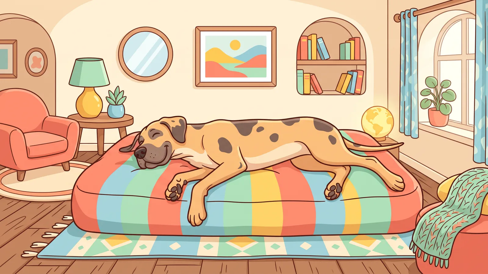 Illustration: large German shepherd stretched out asleep on a thick rectangular foam dog bed