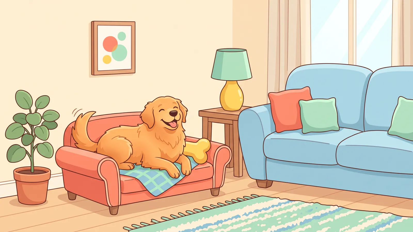 Illustration: a dog relaxing on its own sofa-style dog bed next to the living room couch