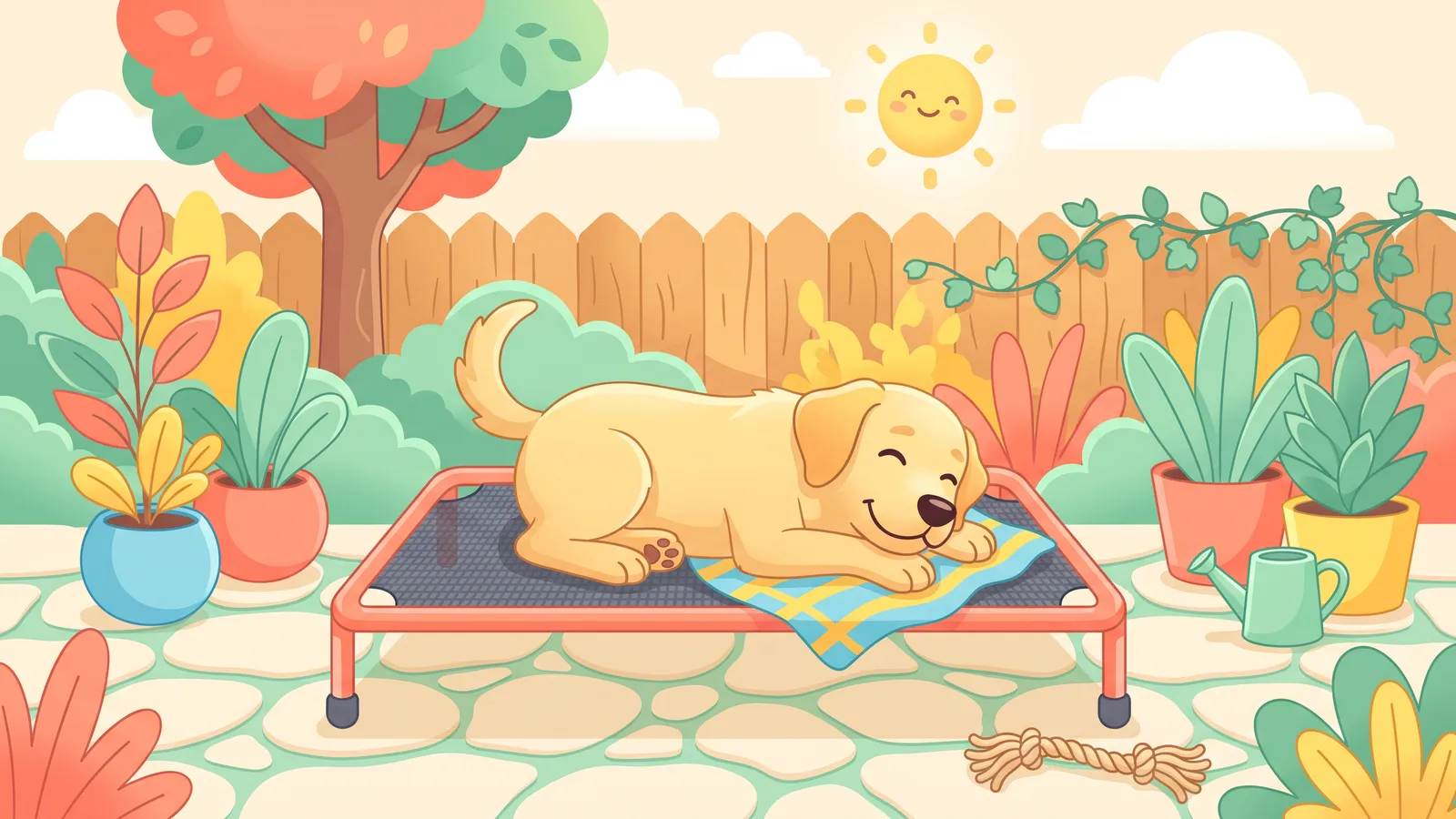 Illustration: a golden dog asleep on a raised mesh cot bed on a garden patio