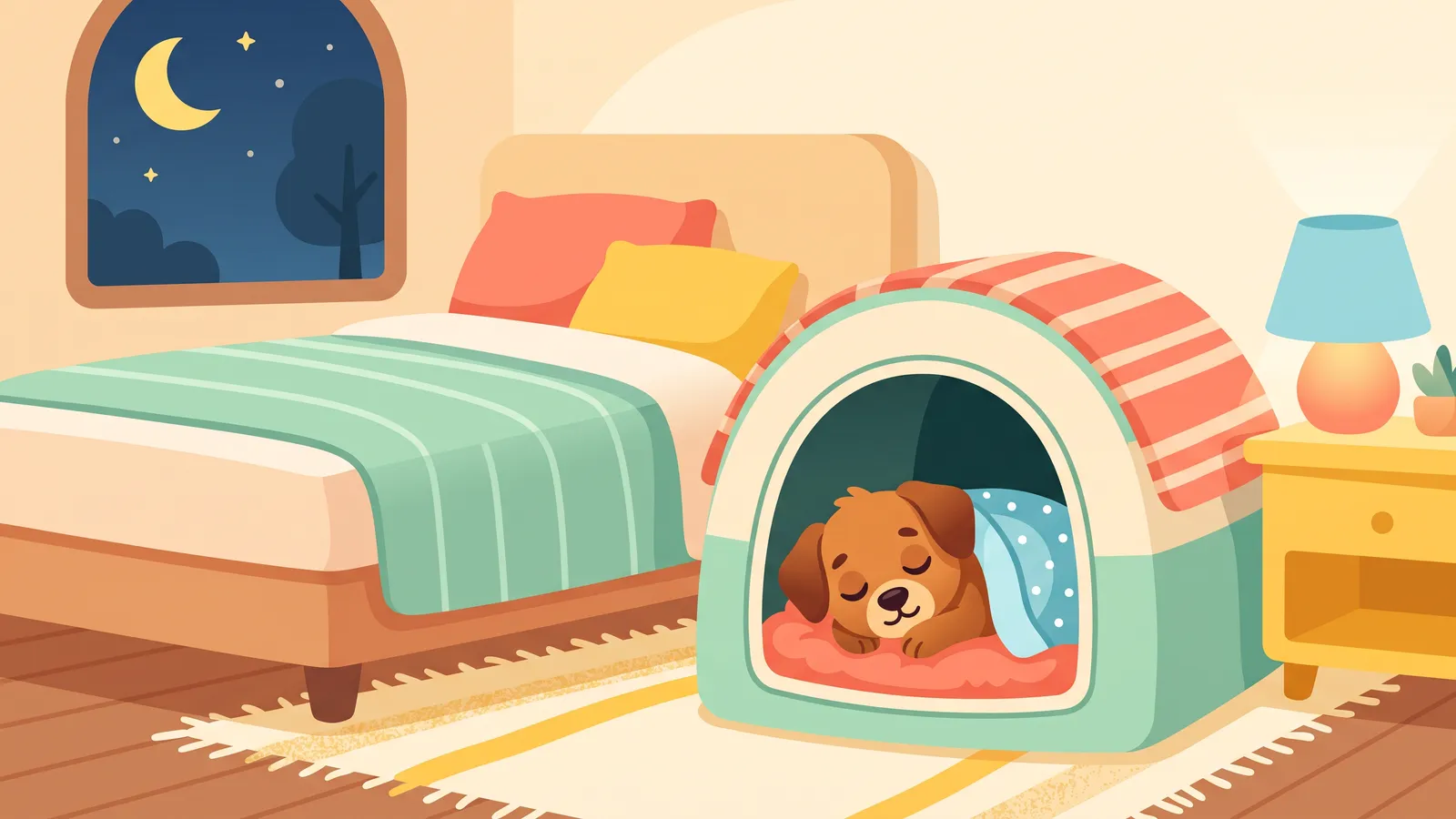 Puppy asleep in a crate beside a bed in a dimly lit bedroom