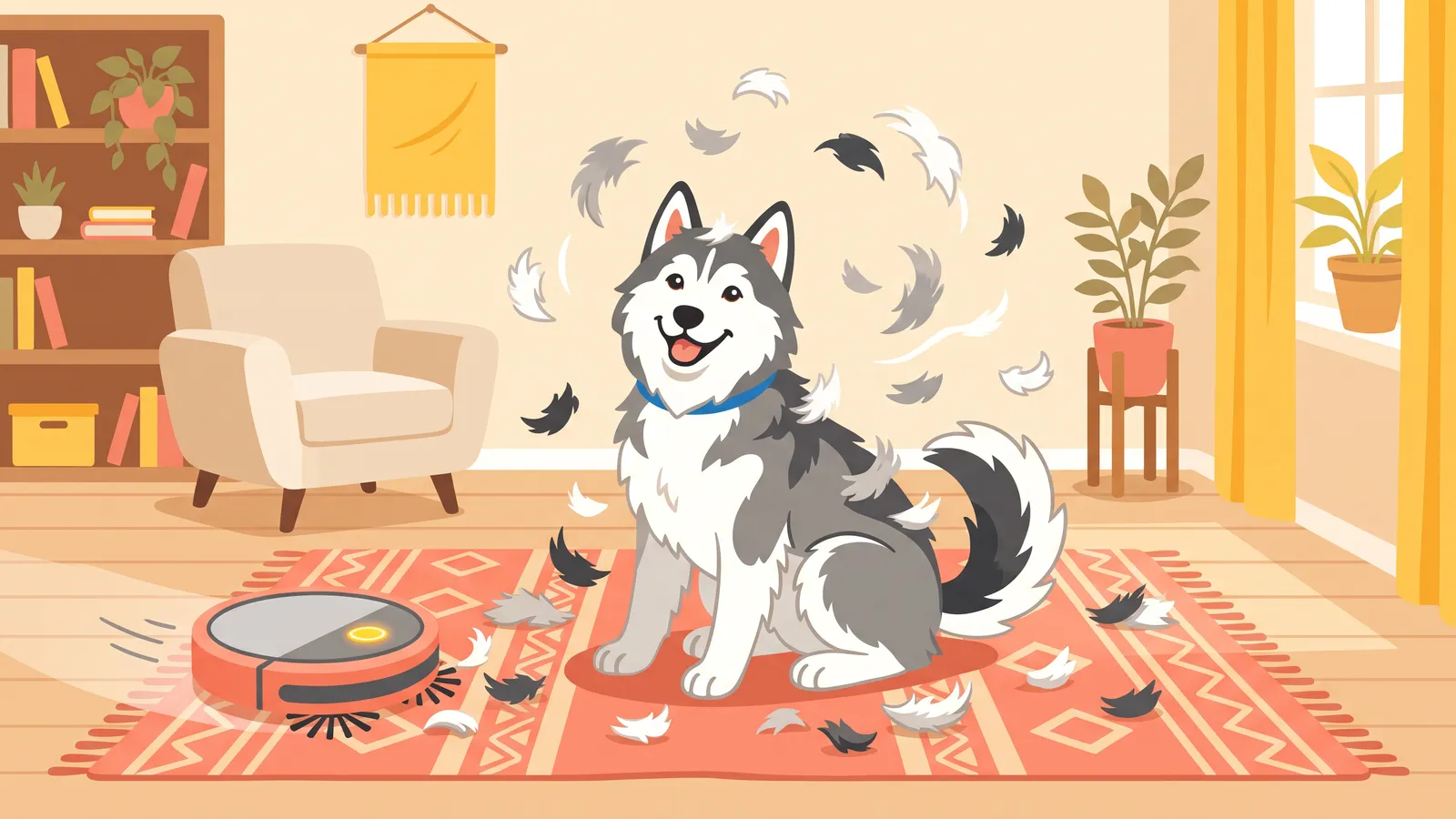 Owner holding a large clump of dog hair next to a double-coated dog on a living room rug