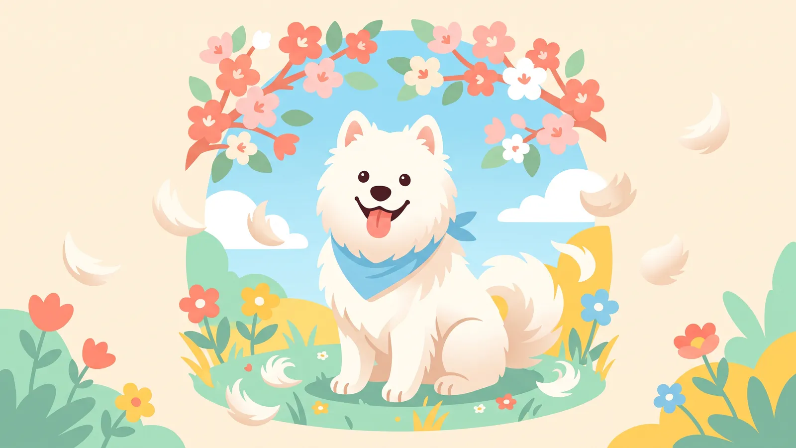 Illustration: a fluffy white dog in a garden with tufts of shed fur floating around it