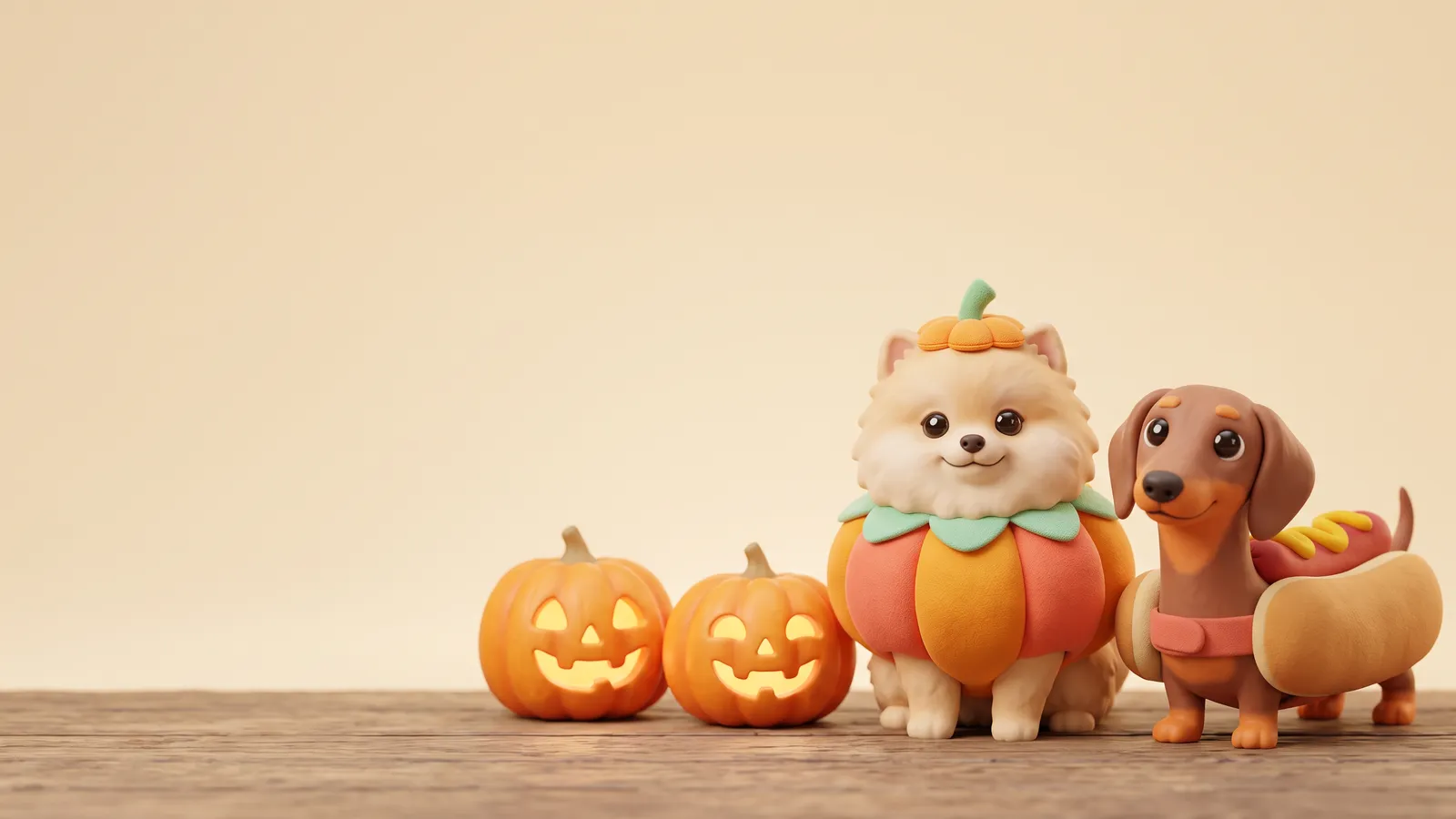 Illustration of a Pomeranian in a pumpkin costume and a Dachshund in a hot dog costume beside two carved pumpkins