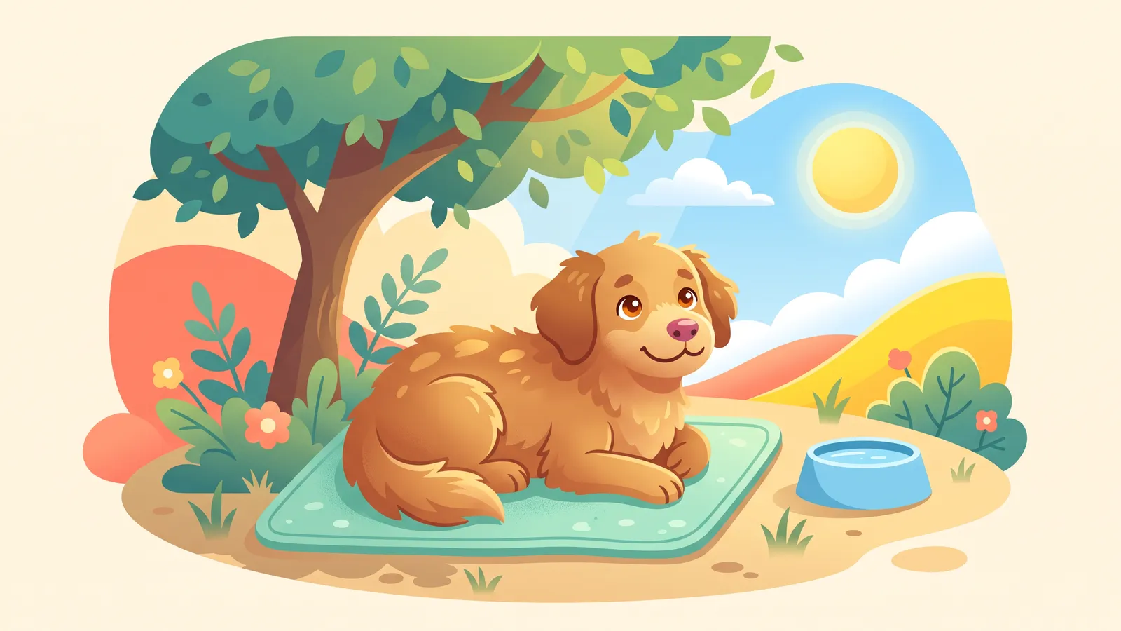 Dog lying on a raised mesh cot in the shade of a porch with a full water bowl beside it