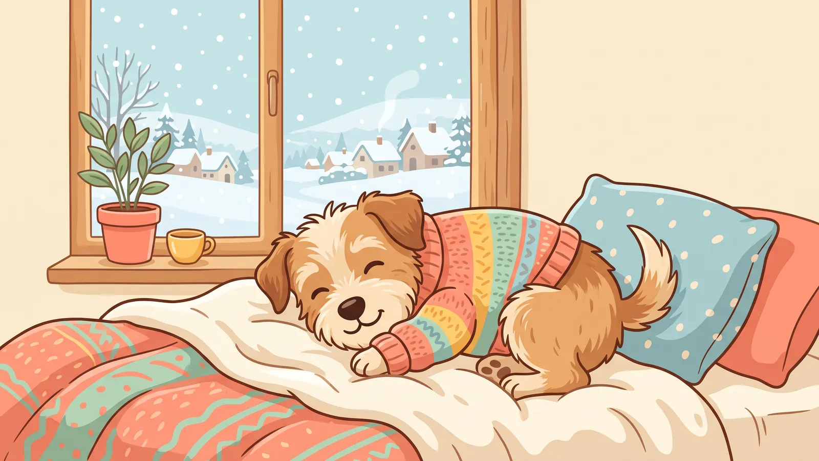 Small short-coated dog curled up on a fleece-topped bed by a window with snow outside