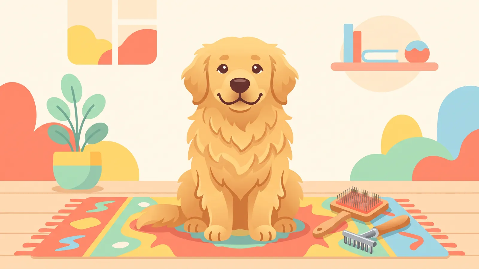 Illustration: a fluffy dog sitting on a rug next to a slicker brush and a comb