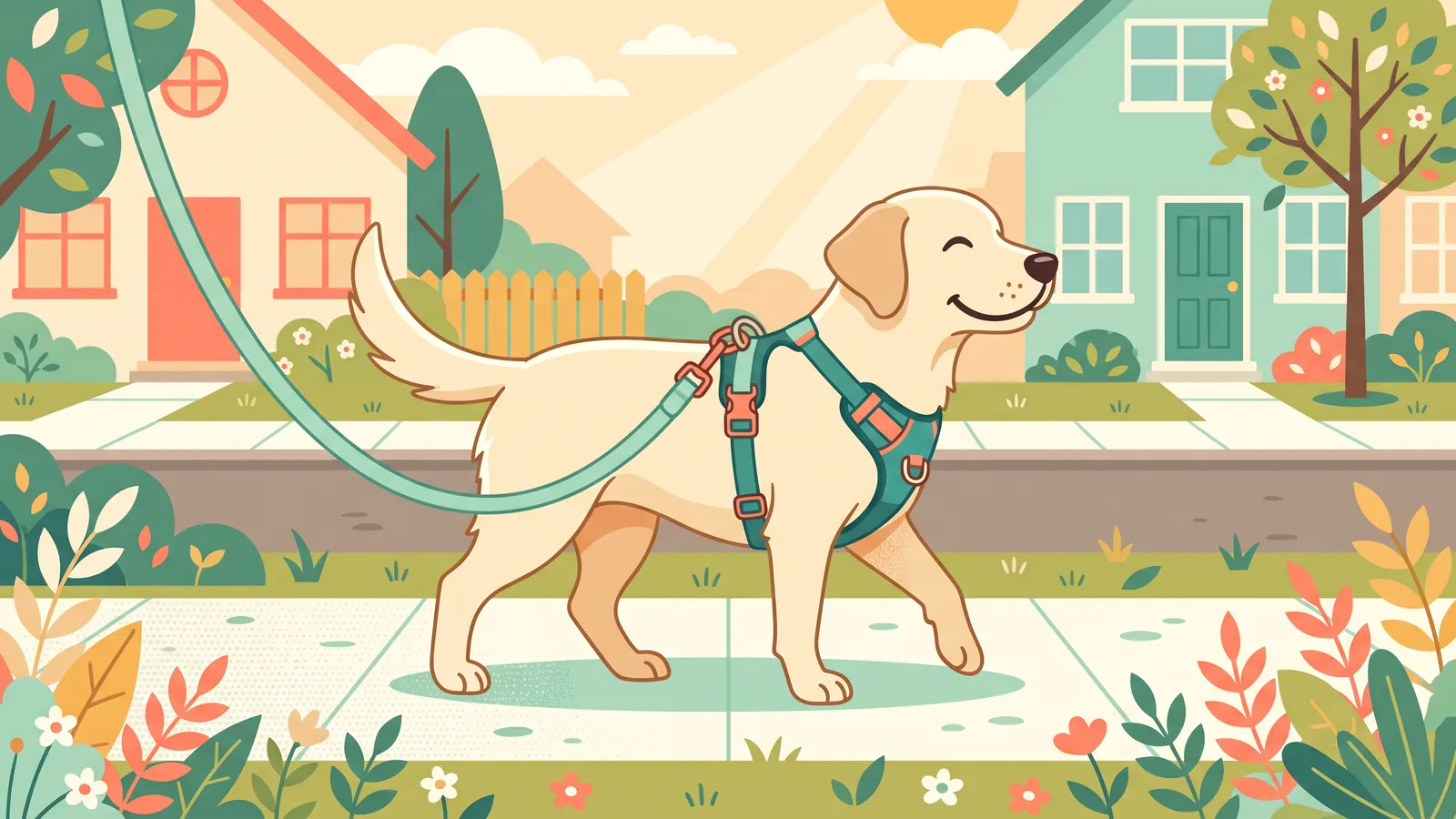 Dog walking calmly beside its owner on a loose leash along a tree-lined sidewalk