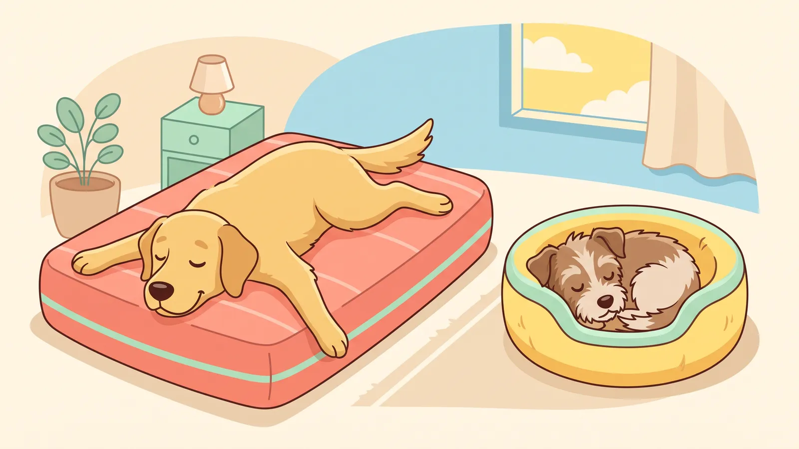 Illustration: a Labrador stretched out asleep on the floor while a tape measure runs from its nose to the base of its tail, a rectangular bed beside it